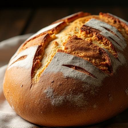 A perfectly baked loaf of classic sourdough bread with an intricate score pattern.