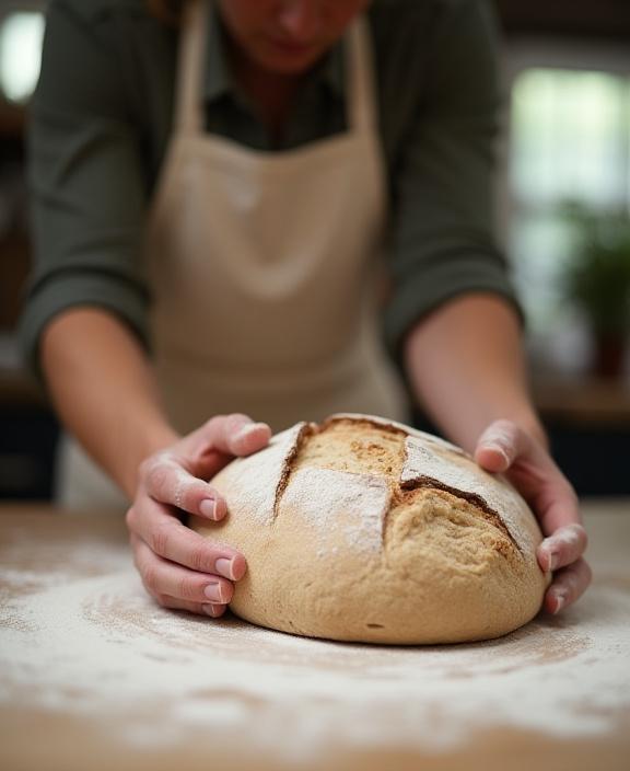 The founder of Maple Loom carefully shaping a loaf of sourdough.