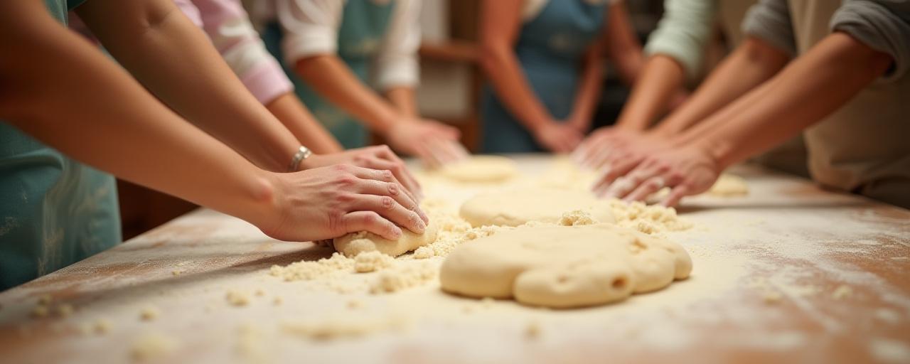 Participants in a baking workshop happily kneading dough together.