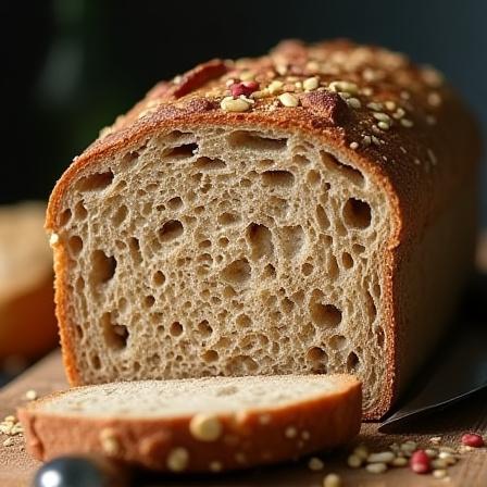 A sliced loaf of multigrain bread showing a dense texture with various seeds.
