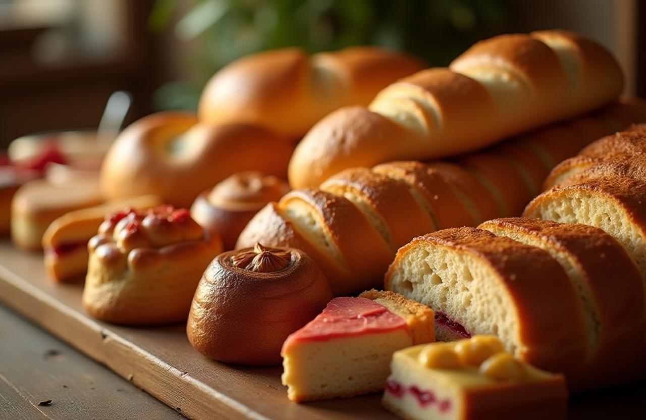 A beautiful arrangement of artisan breads, cakes, and pastries on a rustic wooden table.