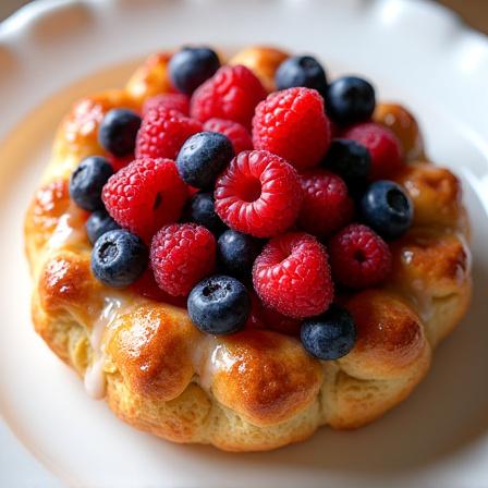 A delicious-looking Danish pastry topped with fresh berries and a light glaze.