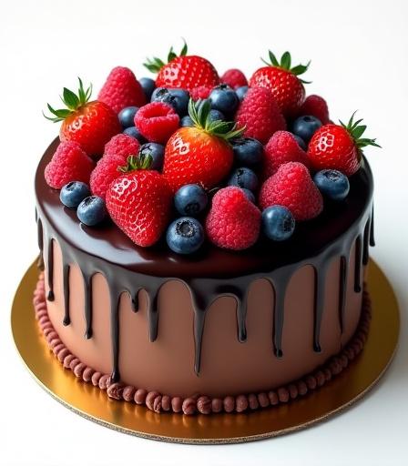 A rich chocolate drip birthday cake with fresh berries on top.