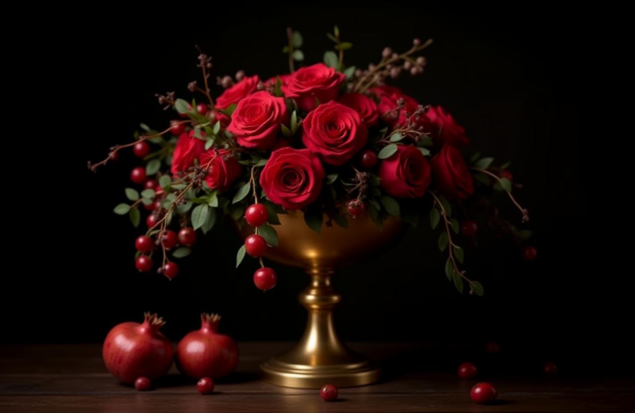 Renaissance style floral centerpiece with deep reds and gold accents
